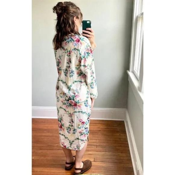 Vintage 90s Floral Henley Bow Nightgown Grunge Cottagecore Midi Dress - Picture 5 of 9